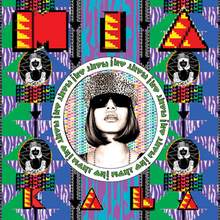 The head and shoulders of a woman wearing sunglasses and a fur hat, enclosed in a circle around which the words Fight On! are repeatedly written. Surrounding this are four smaller versions of the same image in negative, various brightly coloured geometric shapes, and the words MIA and KALA in capital letters