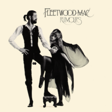 Mostly cream album cover with black-and-white image of tall, bearded gentleman holding a snow globe in front of a blonde, cape-wearing woman. In the top right-hand corner, it is captioned FLEETWOOD MAC and RUMOURS below it.
