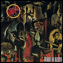 An image of the album cover featuring a demonic creature being carried on a chair by two people on each side. These people are carrying it over a sea of blood where several heads of corpses are floating. In the top left corner of the album is Slayer's logo while in the bottom right corner is the album title Reign in Blood.